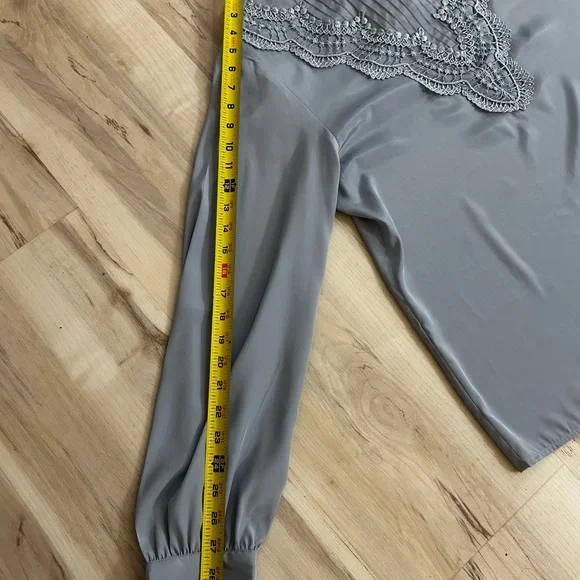 Victorian Style Sz 12Prairie Blouse Gray Lace Yoke High Neck Long Sleeve - Picture 6 of 15